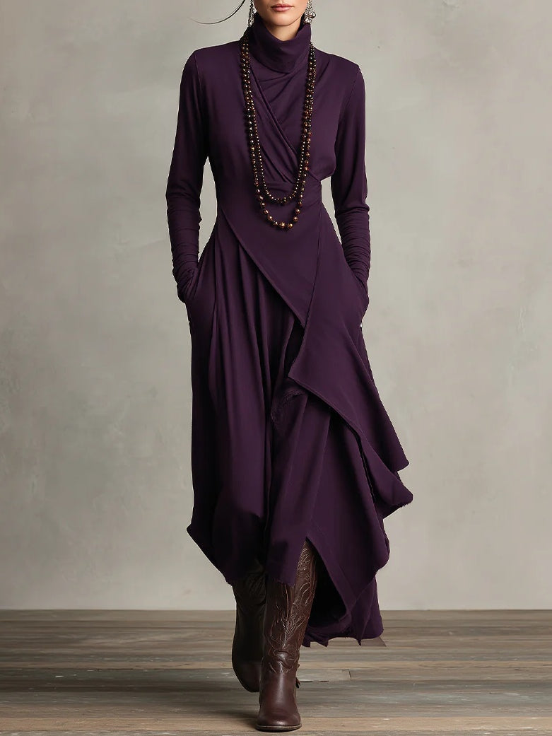 Giorgia™ - Vestido largo plisado asimétrico morado con cuello alto