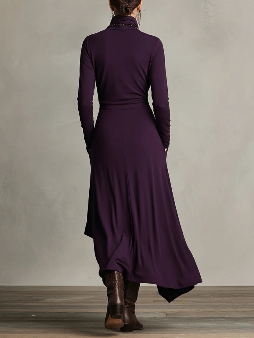 Giorgia™ - Vestido largo plisado asimétrico morado con cuello alto