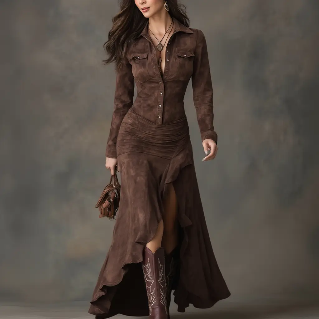 Elena ❘ Vestito Lungo Retro Marrone con Volant